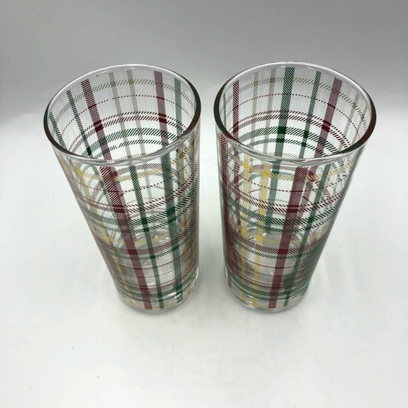 Plaid Glass Tumblers Set of 2 Red Green Yellow - Picture 4 of 6